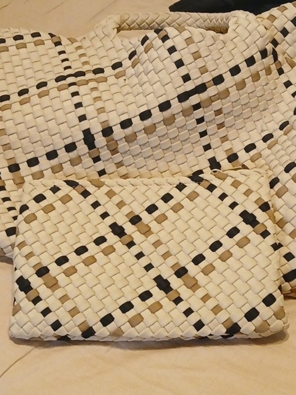 Naghedi Woven Ivory, Black and Tan Clutch with Tote Set